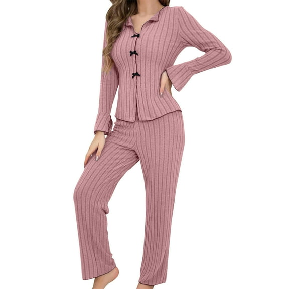 Diufon Pajama Sets for Women Knitted Striped Slim Long Sleeve V Neck Tops and Pants Lounge Home Sleepwear Outfit