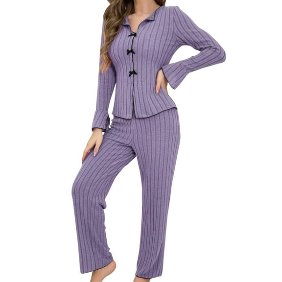 Diufon Pajama Sets for Women Knitted Striped Slim Long Sleeve V Neck Tops and Pants Lounge Home Sleepwear Outfit