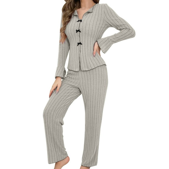 Diufon Pajama Sets for Women Knitted Striped Slim Long Sleeve V Neck Tops and Pants Lounge Home Sleepwear Outfit