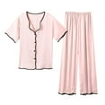 thumbnail image 1 of Diufon Pajama Sets for Women V Neck Short Sleeve Button Down Tops Elastic Waist Lounge Pants Sets, 1 of 6