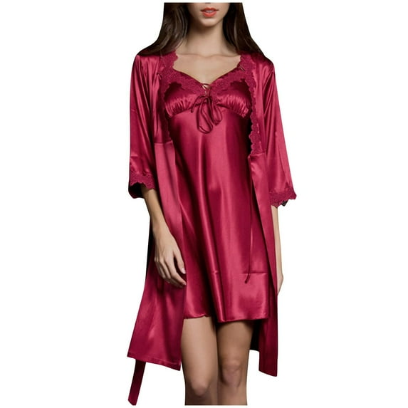 Diufon Pajamas Nightgown Set for Women Satin Cardigan with Lace Cami Sleepwear Dress 2 Piece Dressy Suits (X-Large, Red)