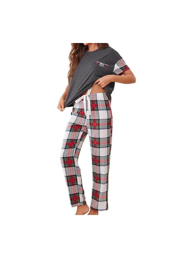 Pajamas Set for Women Cotton Short Sleeve Crewneck Tops and Plaid Pants Casual Loose Sleepwear Sets