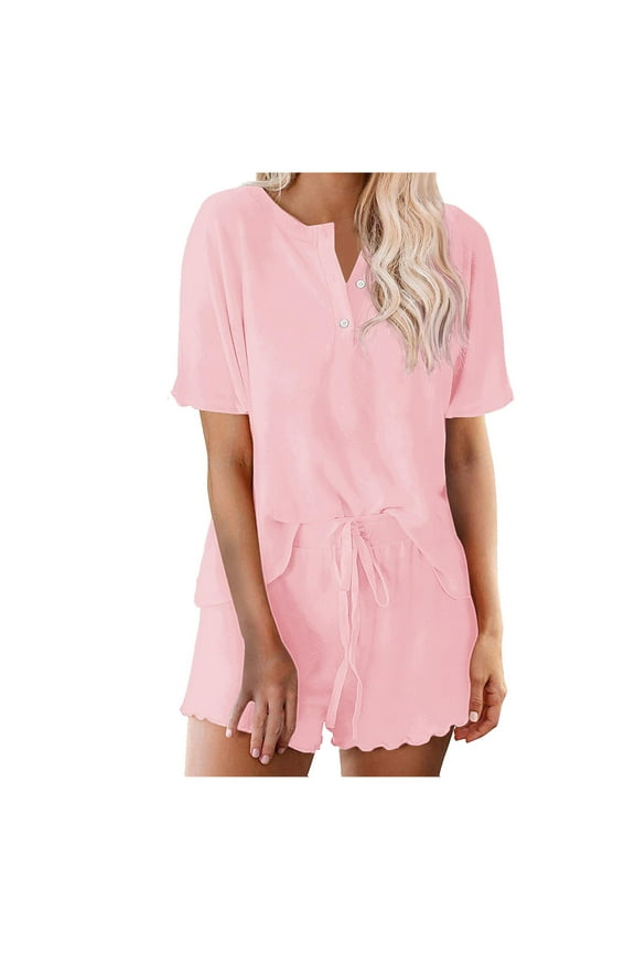 Pajamas Set for Women Short Sleeve V Neck Button Tops Waist Drawstring Shorts Pjs Sets