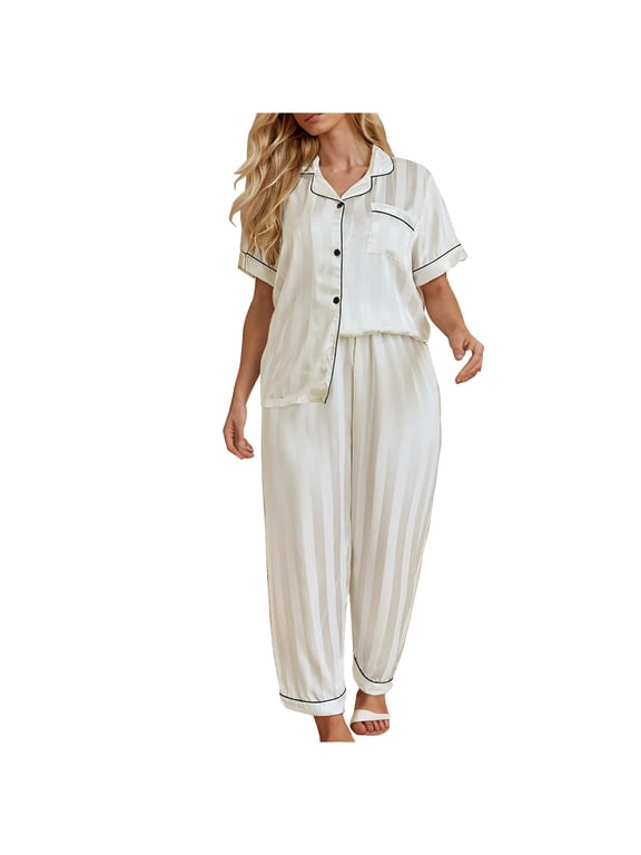 Pajamas Set for Women Spring Summer Plus Size Short Sleeve Button Down Shirts and Pants Home Striped Sets