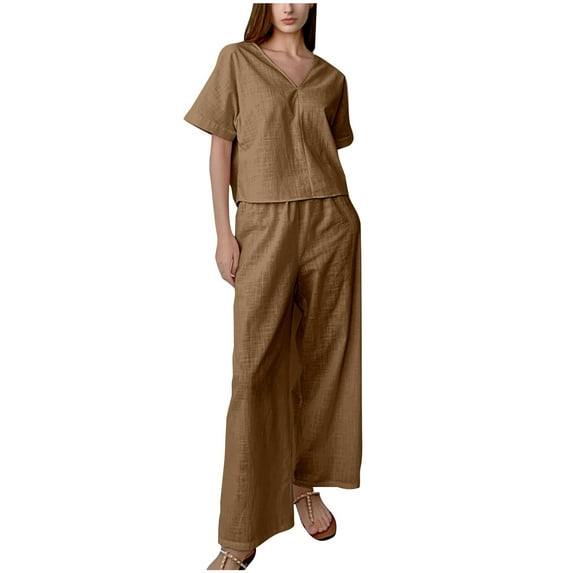 Diufon Pajamas Sets for Women V Neck Short Sleeve Tees Solid Color Wide Leg Pants Cotton Loungewear Set