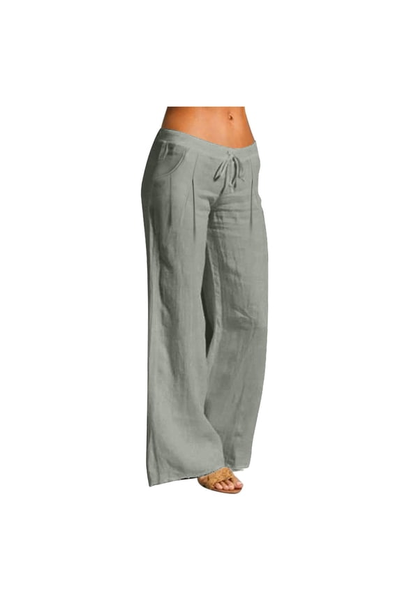 Linen Pants Women Summer Wide Leg Drawstring High Waist Pant Casual Loose Boho Beach Trousers with Pockets