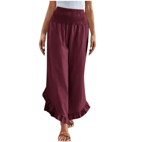 Diufon Palazzo Pants for Women Linen Summer Wide Leg Pants Smocked Waist Ruffle Hem Boho Flowy Beach Pant
