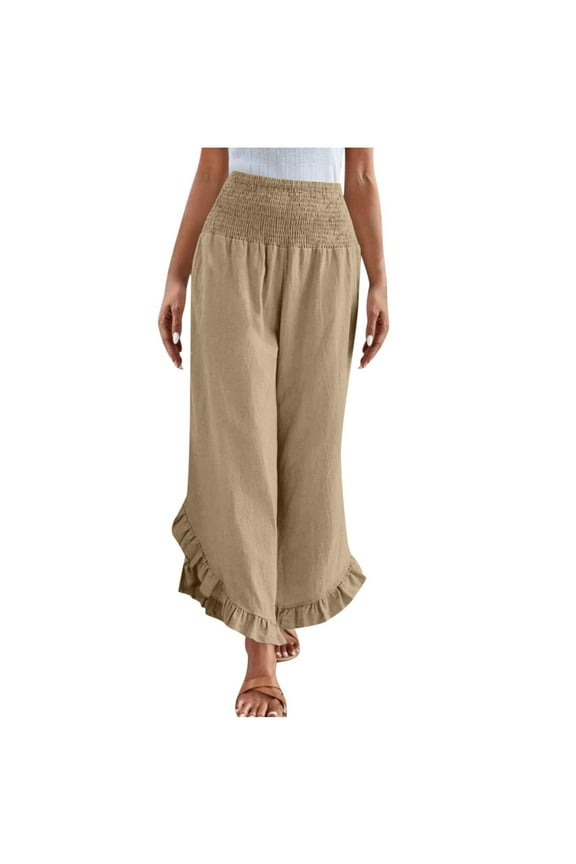 Women Linen Pants Summer Wide Leg Pants High Waist Ruffle Hem Palazzo Pant Boho Flowy Beach Pant