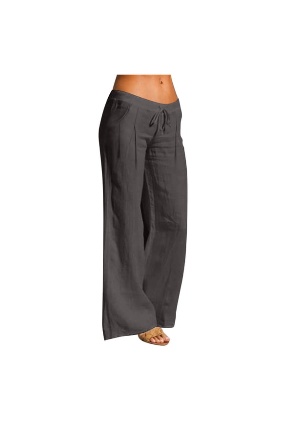 Linen Pants Women Summer Wide Leg Drawstring High Waist Pant Casual Loose Boho Beach Trousers with Pockets
