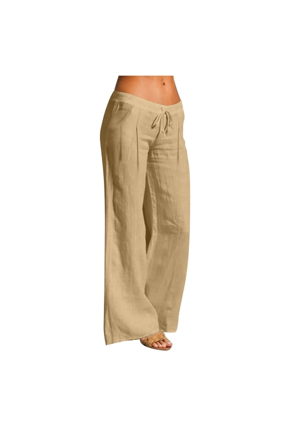 Linen Pants for Women Summer Wide Leg Drawstring High Waist Pant Casual Loose Boho Beach Trousers with Pockets