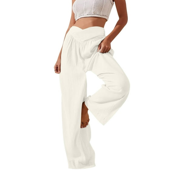 Diufon Palazzo Pants for Women Summer Solid Color Athletic Pants Fashion Cross Elastic Waist Wide Leg Pants
