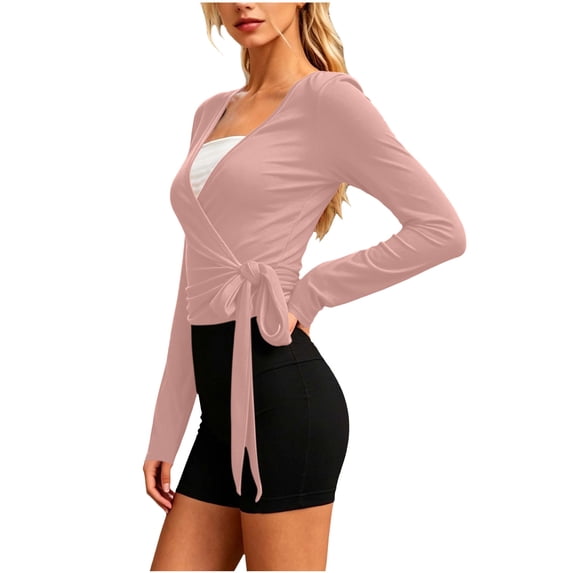 Diufon Pilates Tops for Women V-Neck Cross Tie Long Sleeve Wrap Shirts Sun Protection Cover-Up for Yoga Dance Workout