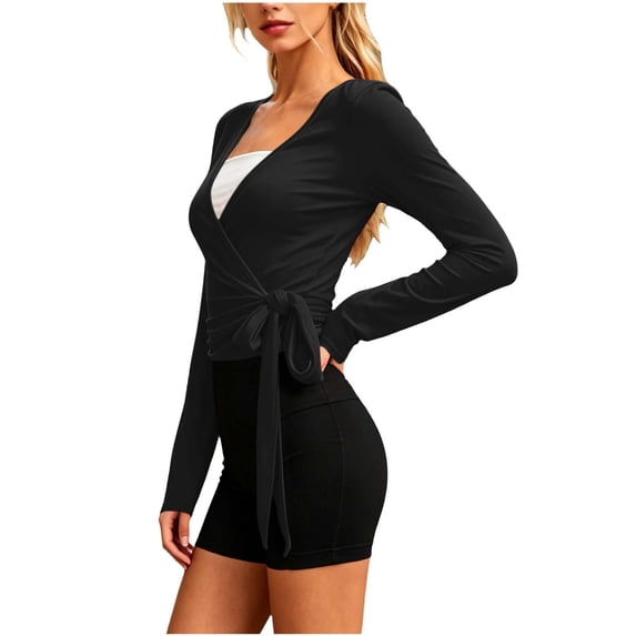 Diufon Pilates Tops for Women V-Neck Cross Tie Long Sleeve Wrap Shirts Sun Protection Cover-Up for Yoga Dance Workout