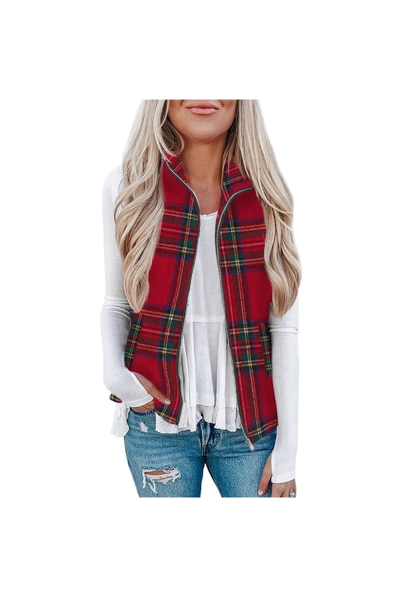 Plaid Vest for Women Lightweight Sleeveless Full Zip Fleece Jackets Fall Winter Cozy Coats with Pockets
