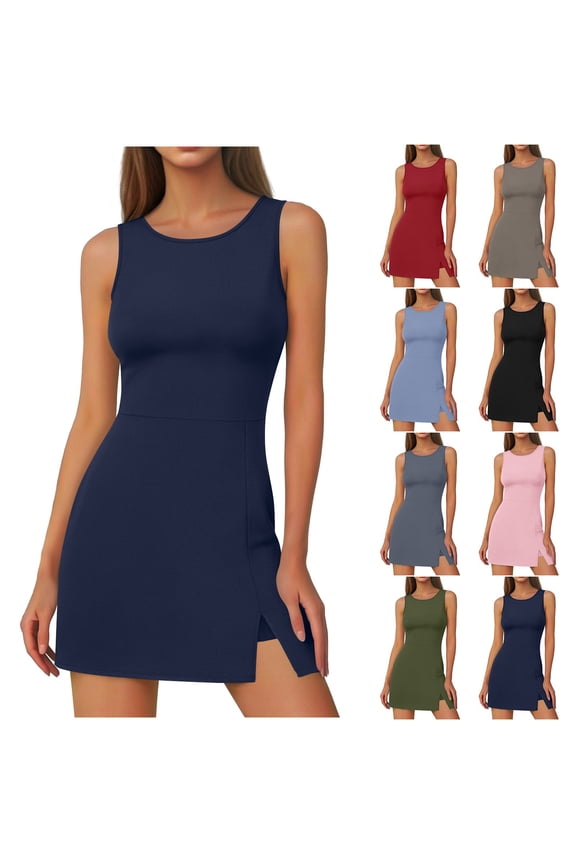 Womens Athletic Dress Summer Sleeveless Crewneck Golf Tennis Dresses Mini Dress Built in Shorts