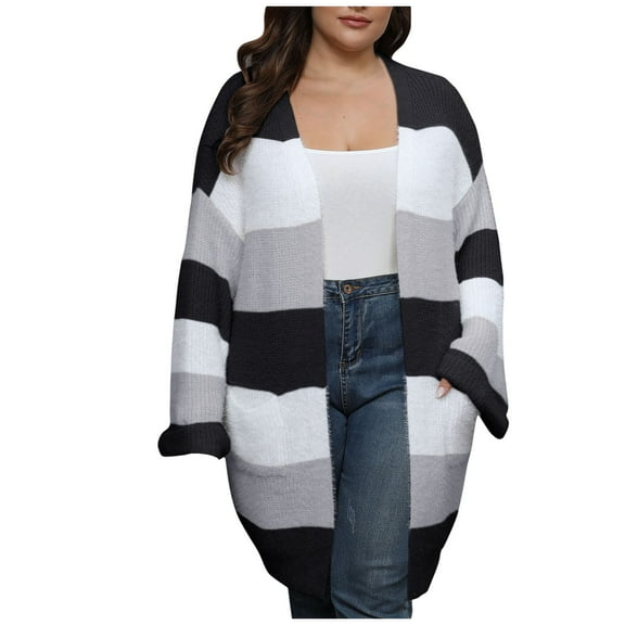 Diufon Plus Size Cardigans for Women Color Block Midi Coats Long Sleeve Sweaters with Pockets