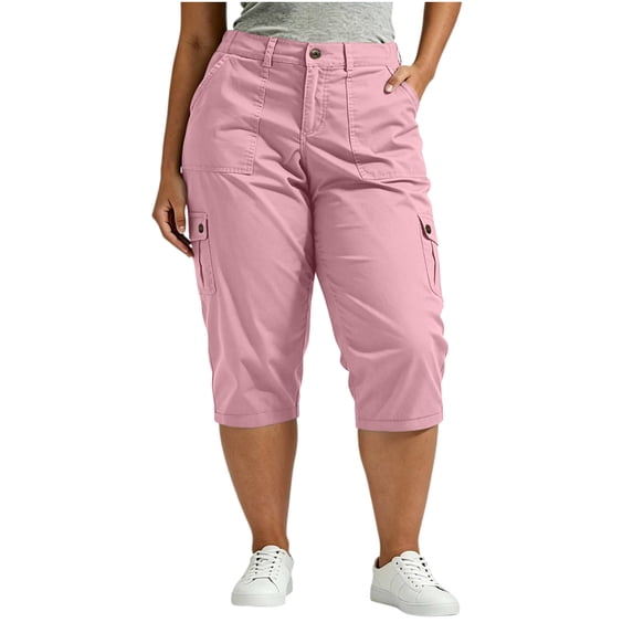 Diufon Plus Size Cargo Pants for Women Button Elastic Waisted Travel Hiking Capri Pants with Multi Pockets
