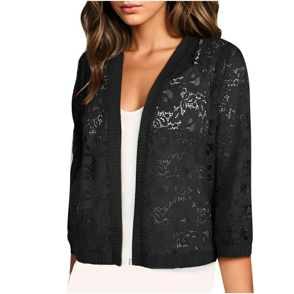 Diufon Plus Size Cropped Cardigans for Women 3/4 Sleeve Lace Crochet Shrug Cover Up Lightweight Fall Winter Tops