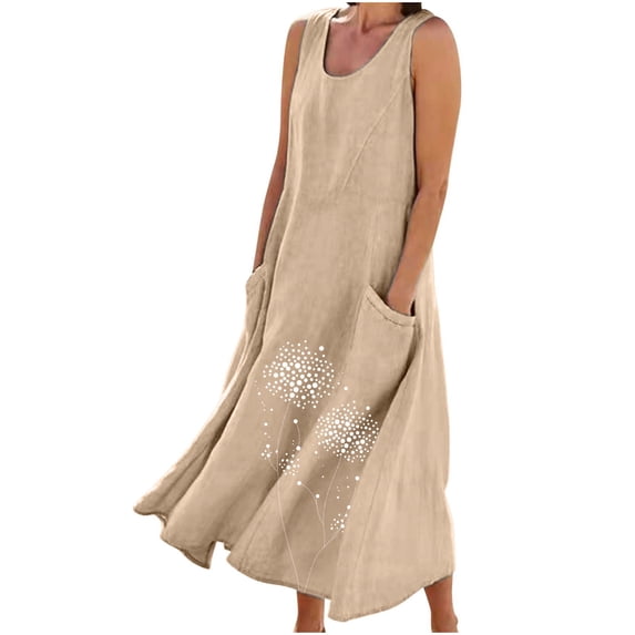 Diufon Plus Size Dresses for Women Dandelion Printed Dress Crewneck Sleeveless Dress with Pockets