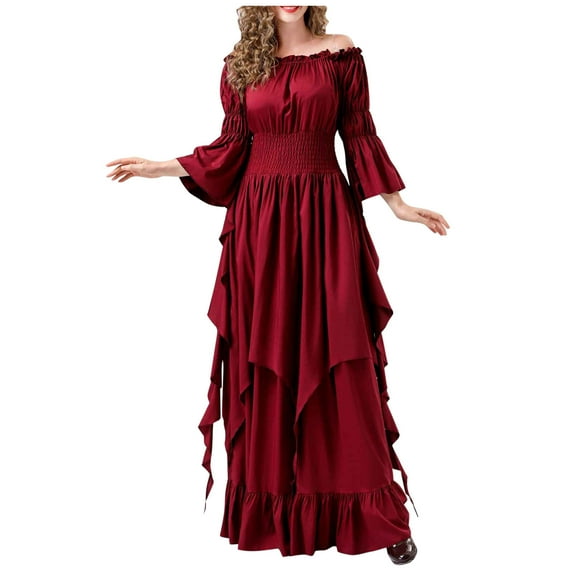 Diufon Plus Size Dresses for Women Irregular Hem Dress off Shoulder 3/4 Sleeve Waisted Maxi Dress