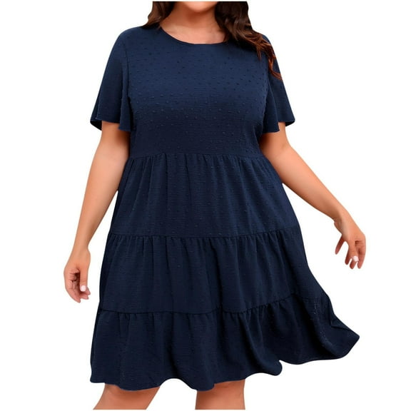 Diufon Plus Size Dresses for Women Round Neck Short Sleeve Dress Solid Color Waisted A-Line Dress