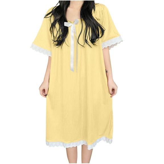 Diufon Plus Size Nightdress for Women Short Sleeve Crewneck Striped Sleepwear Cute Lace Hem Bow Home Nightgow