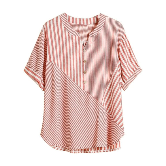 Diufon Plus Size Striped Shirts for Women Cotton Short Sleeve Button V Neck Blouse Color Block Dressy Tops