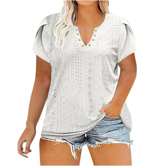 Diufon Plus Size Tops for Women Casual V Neck Ruffle Short Sleeve Tunics Summer Solid Color Shirts
