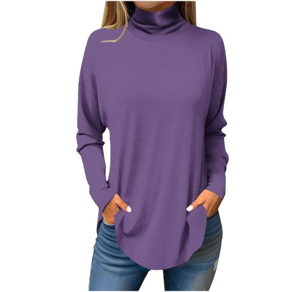 Diufon Plus Size Tops for Women Fall Casual Solid Color Tunics High Neck Long Sleeve Blouses