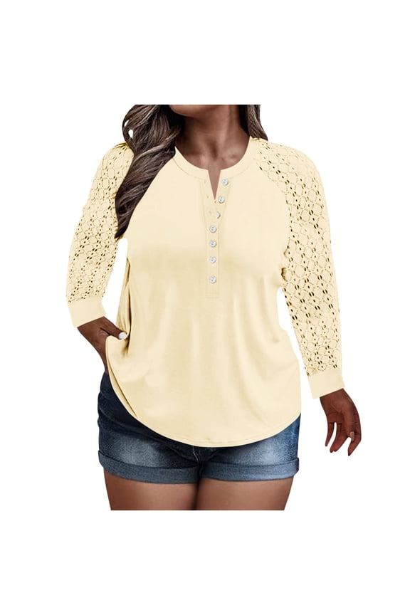 Plus Size Tops for Women Lace Long Sleeve Button-Up V Neck Casual Loose Blouses Fall Fashion Clothes