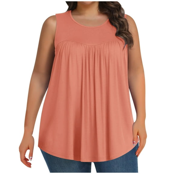 Diufon Plus Size Tops for Women Summer Casual Sleeveless Crewneck Dressy Pleated Shirts Basic Loose Blouses