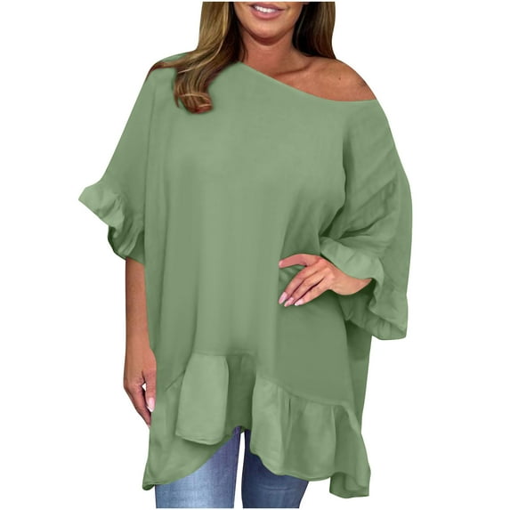 Diufon Plus Size Tops for Women Summer Single Shoulder Ruffle Half Sleeve Pullover Shirts Trendy Loose Blouse