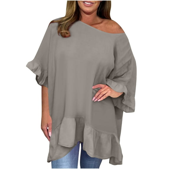 Diufon Plus Size Tops for Women Summer Single Shoulder Ruffle Half Sleeve Pullover Shirts Trendy Loose Blouse