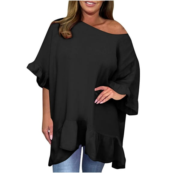 Diufon Plus Size Tops for Women Summer Single Shoulder Ruffle Half Sleeve Pullover Shirts Trendy Loose Blouse