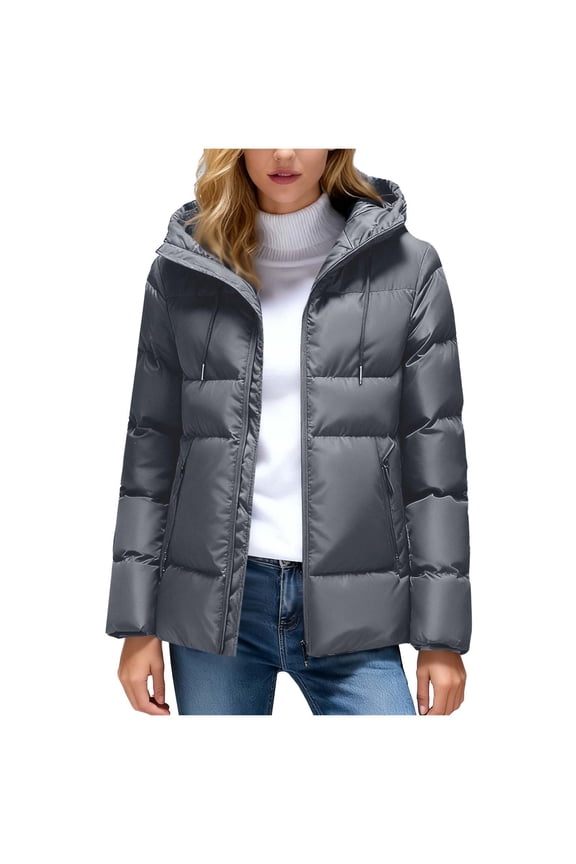 Plus Size Winter Coats for Women Long Sleeve Padded Warm Jacket Thickened Hooded Outerwear with Zip Pockets