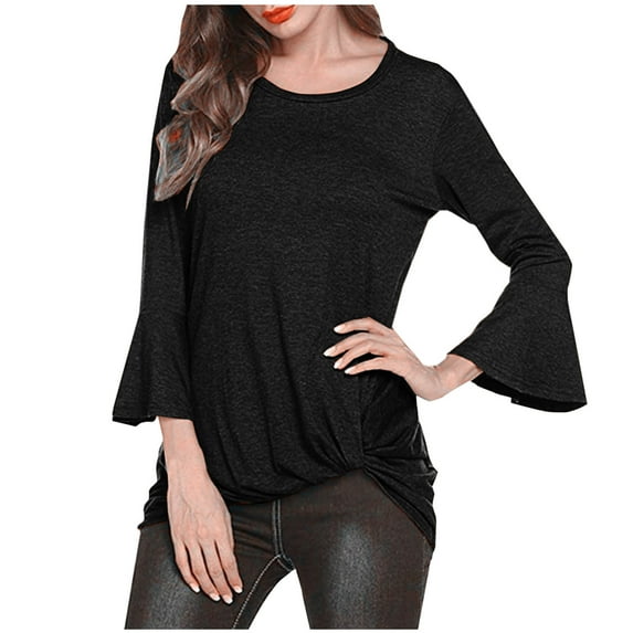 Diufon Plus Size Womens Blouses Solid Color Pullover Tops Round Neck Flare Long Sleeve Tops