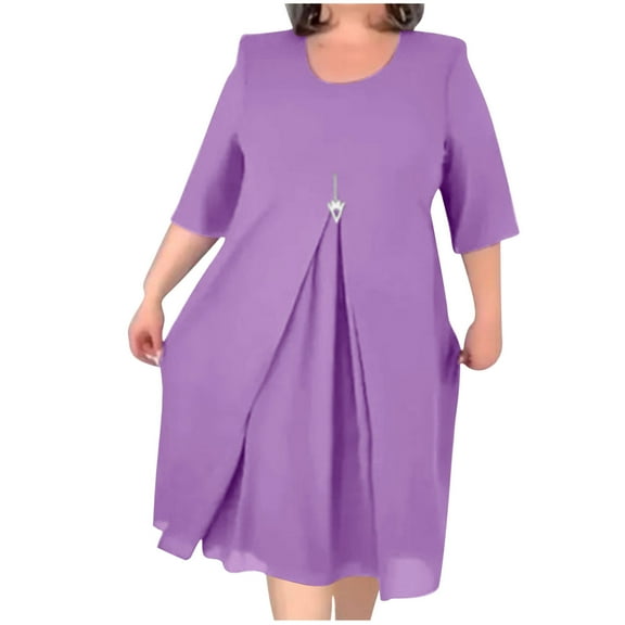 Diufon Plus Size Womens Chiffon Dresses Round Neck Half Sleeve Dress Solid Color Midi Dress