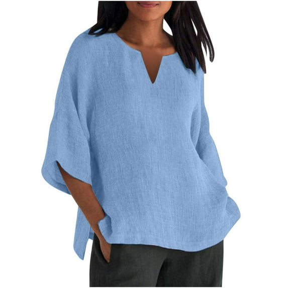 Diufon Plus Size Womens Cotton Linen Shirts Solid Color Casual Tees V Neck Half Sleeve Tops