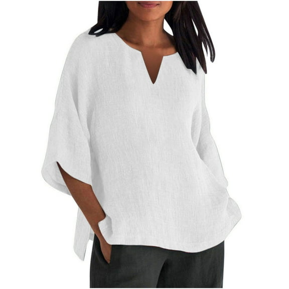 Diufon Plus Size Womens Cotton Linen Shirts Solid Color Casual Tees V Neck Half Sleeve Tops