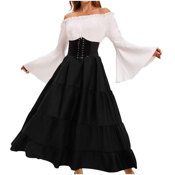 Diufon Plus Size Womens Dress Ruffle off Shoulder Long Sleeve Maxi Dress Color Block Waisted A-Line Dress