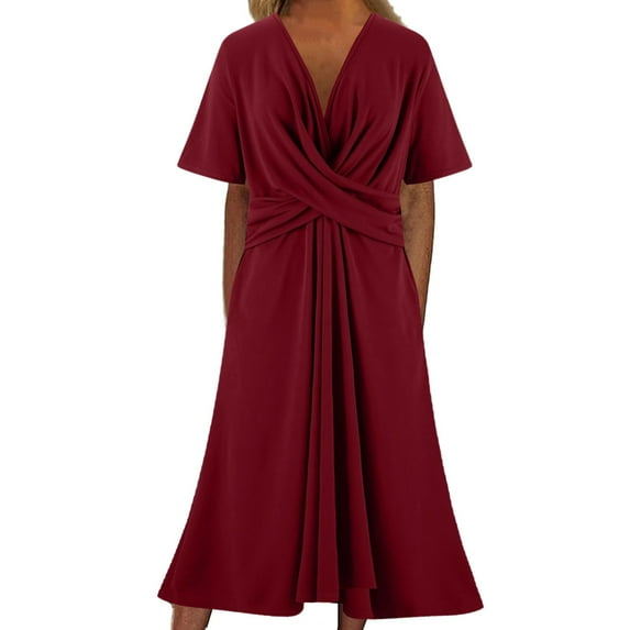 Diufon Plus Size Womens Dresses Solid Color Crossover Waisted Dress V Neck Short Sleeve Maxi Dress