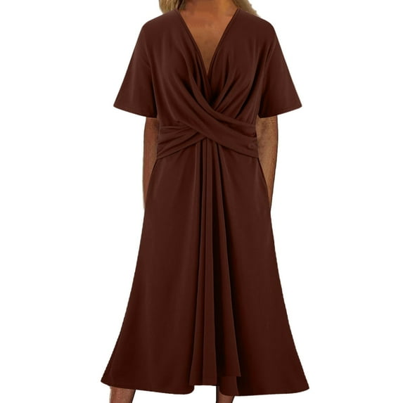 Diufon Plus Size Womens Dresses Solid Color Crossover Waisted Dress V Neck Short Sleeve Maxi Dress