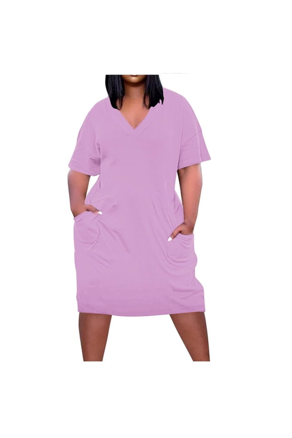 Plus Size Womens Dresses Summer Solid Color Dress V Neck Short Sleeve Dresses with Pockets