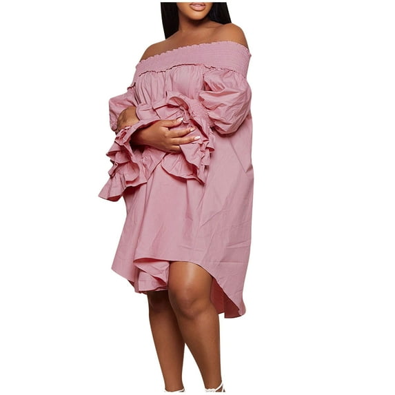 Diufon Plus Size Womens Dresses off Shoulder Ruffle Long Sleeve Dress Fall Casual Solid Color Dress