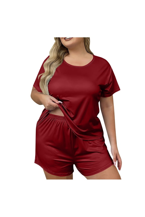 Pajama Set Shorts for Women Plus Size Crewneck Short Sleeve Tops & Elastic Waist Shorts Homewear Sets