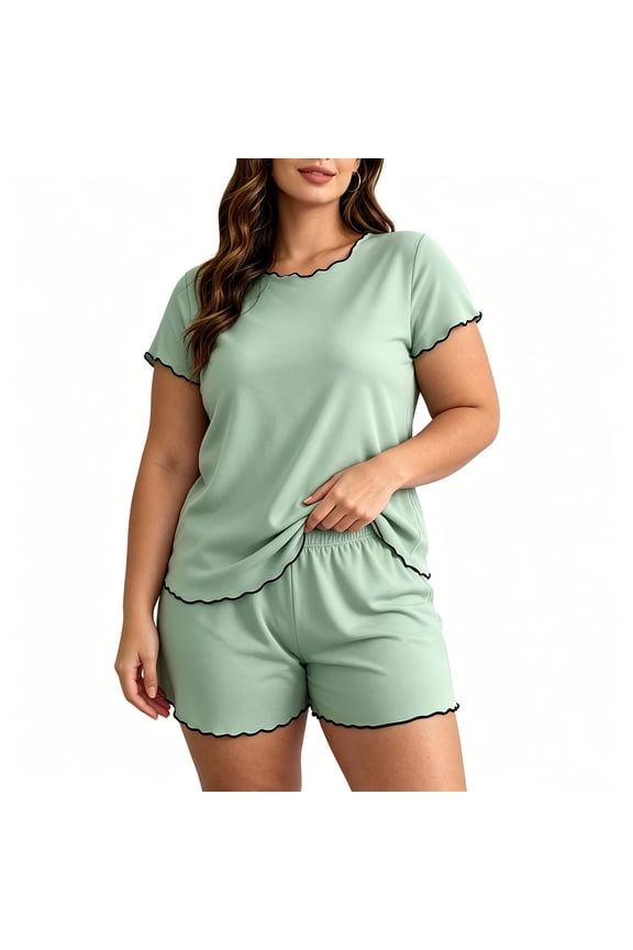 Women's Short Pajama Sets Plus Size Short Sleeve Ruffled Trim Sleepwear Summer Loose Fitted Comfy Pjs Sets