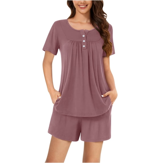 Diufon Plus Size Womens Pjs Sets Round Neck Button Short Sleeve Tops Solid Color Shorts Sets with Pockets