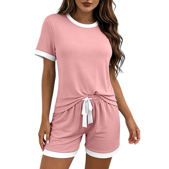 Diufon Womens Loungewear Set Color Block Short Sleeve Crew Neck Drawstring Sleepwear Summer Casual Loose Pjs Sets