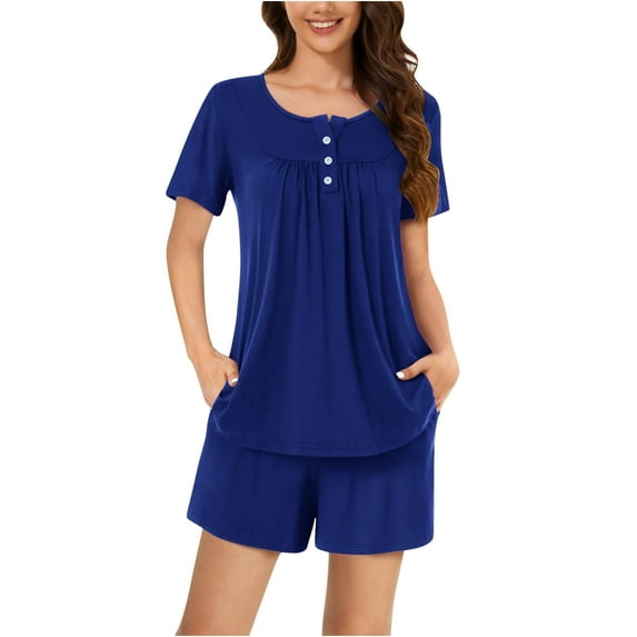 Diufon Plus Size Womens Pjs Sets Round Neck Button Short Sleeve Tops Solid Color Shorts Sets with Pockets