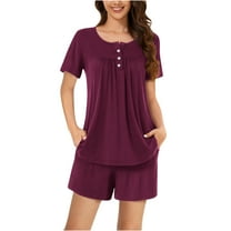 Diufon Plus Size Womens Pjs Sets Round Neck Button Short Sleeve Tops Solid Color Shorts Sets with Pockets